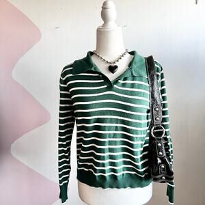 Green Striped Polo Long Sleeve Top Y2K Preppy Retro Indie Streetwear Medium